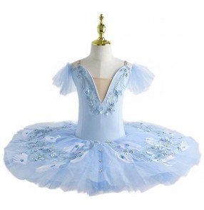 Girls Professional ballerina Blue ballet dress flat tutu pancake skirts children bluebird tutu ballet fluffy Tulle skirt classical ballet dance leotard dress for kids